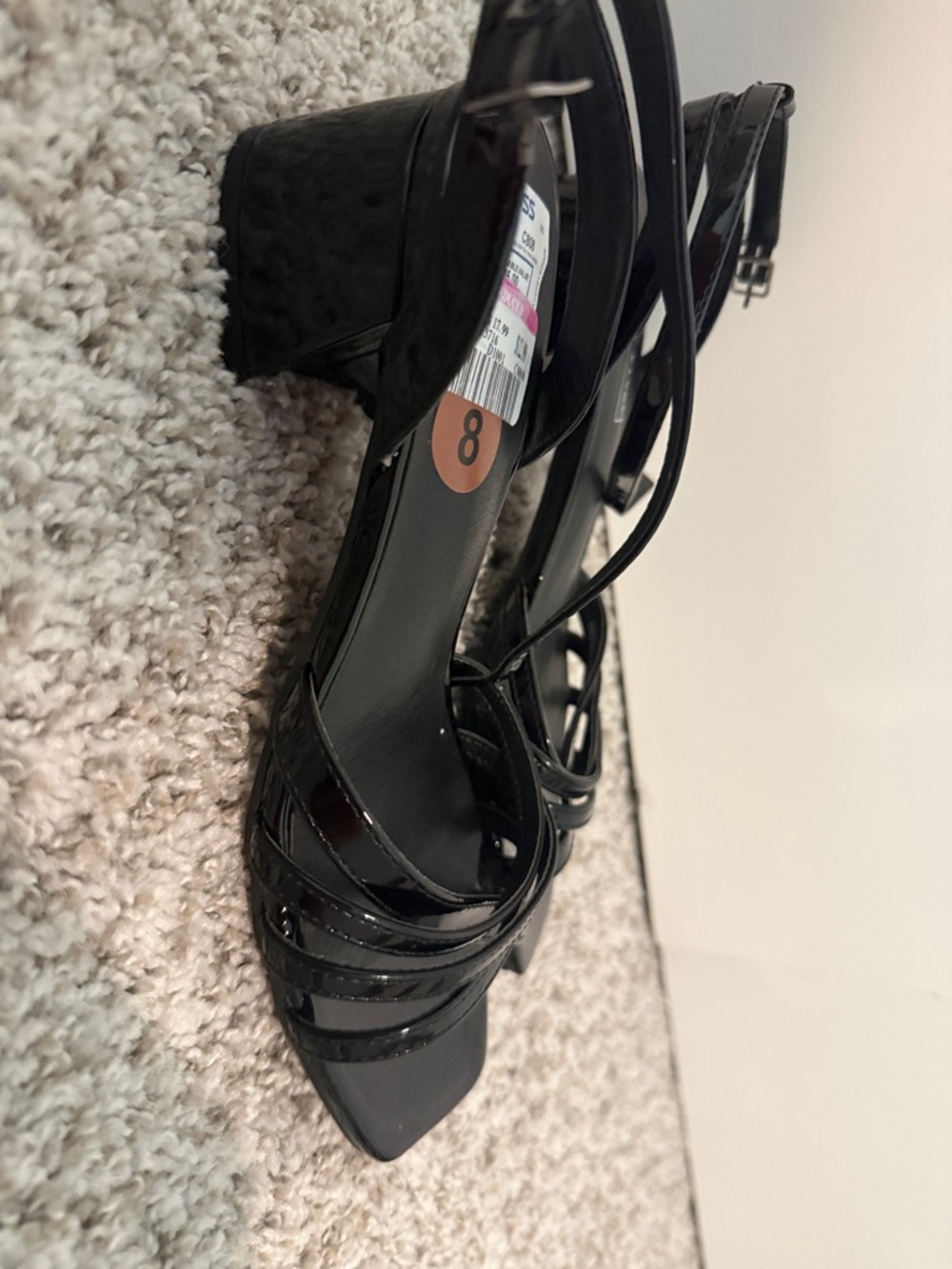 NWT Black Rivet Glossy Black Strappy Square-Toe Heels - Picture 3 of 3